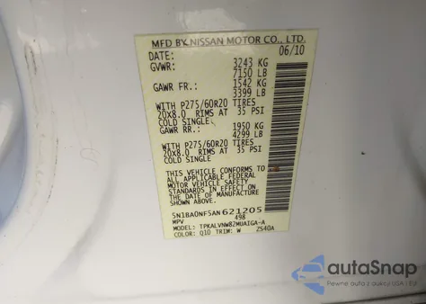 2010 Nissan Armada Platinum from USA, damaged, VIN 5N1BA0NF5AN621205